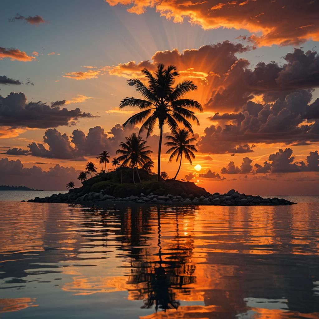 Fiery Sunset Over Tropical Island Paradise