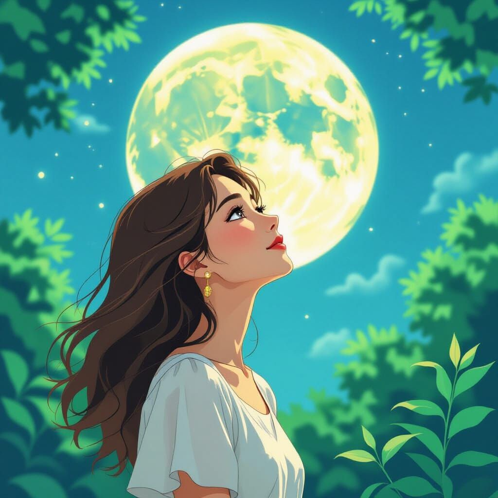 Woman Gazing at Moon in Miyazaki-esque Style
