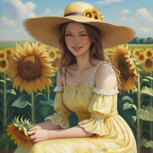 Woman in Sunflower Field, Impressionist Oil Painting