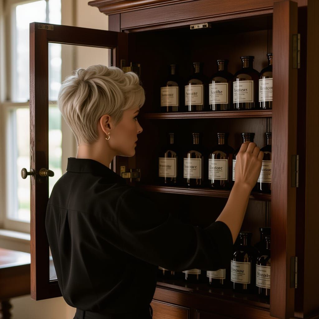 Woman Opens Cabinet for Potions