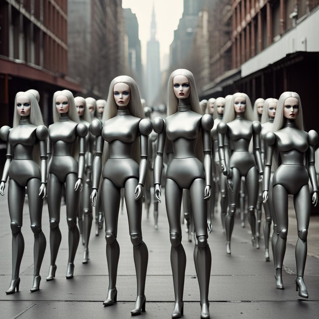 Evil Robot Barbies Marching in Futuristic City