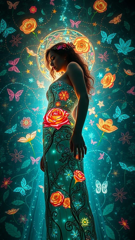 Dreamlike Goddess in a Labyrinth of Light and Whimsy