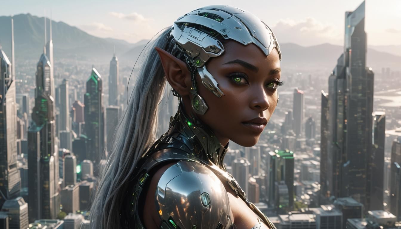 Cyborg Elf Portrait in Sci-Fi Cityscape, 3D Rendered