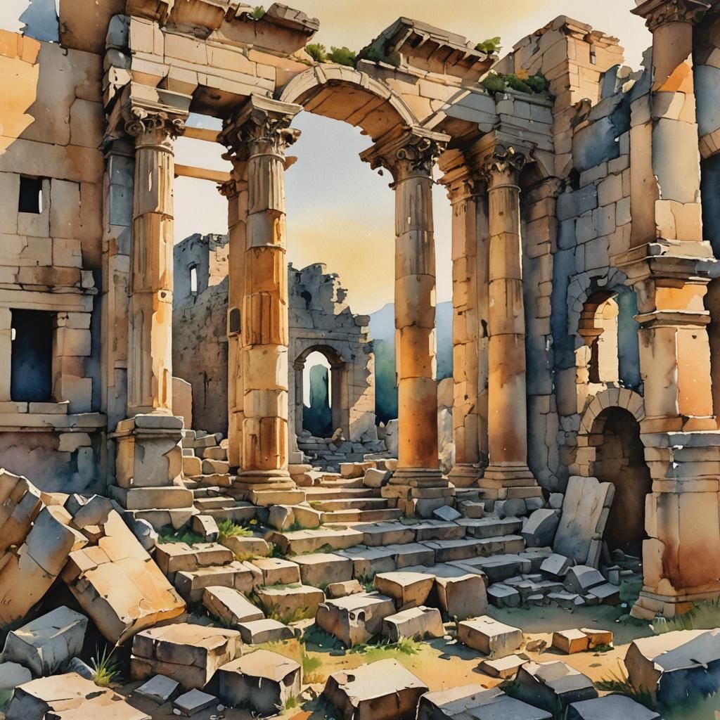 Expressionist Watercolor of Ephesus Ruins at Sunset