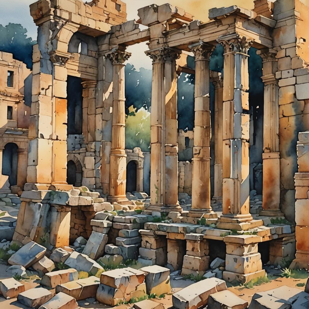 Ephesus Ruins in Expressionist Watercolor