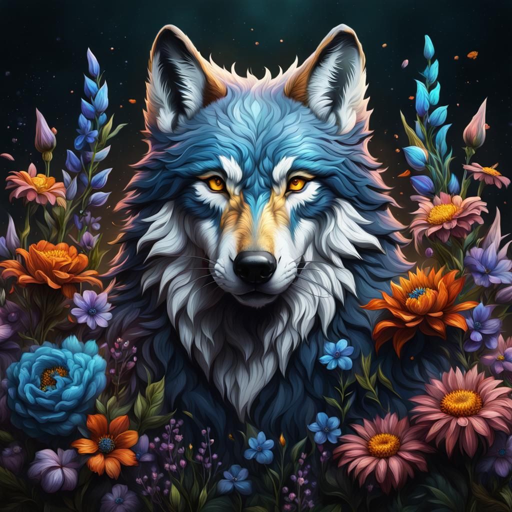 Wolf with Flowers: Detailed Fantasy Art