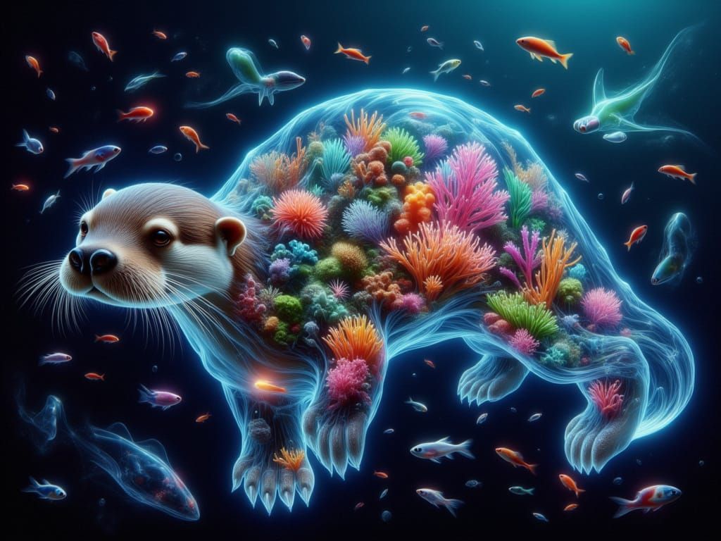 Hyperrealistic Otter in Translucent Coral and Bioluminescent...