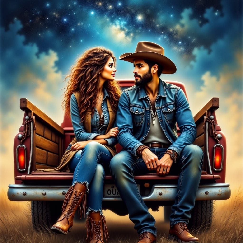 Romantic Cowboy Couple Under Starry Sky in Vintage Pickup Tr...