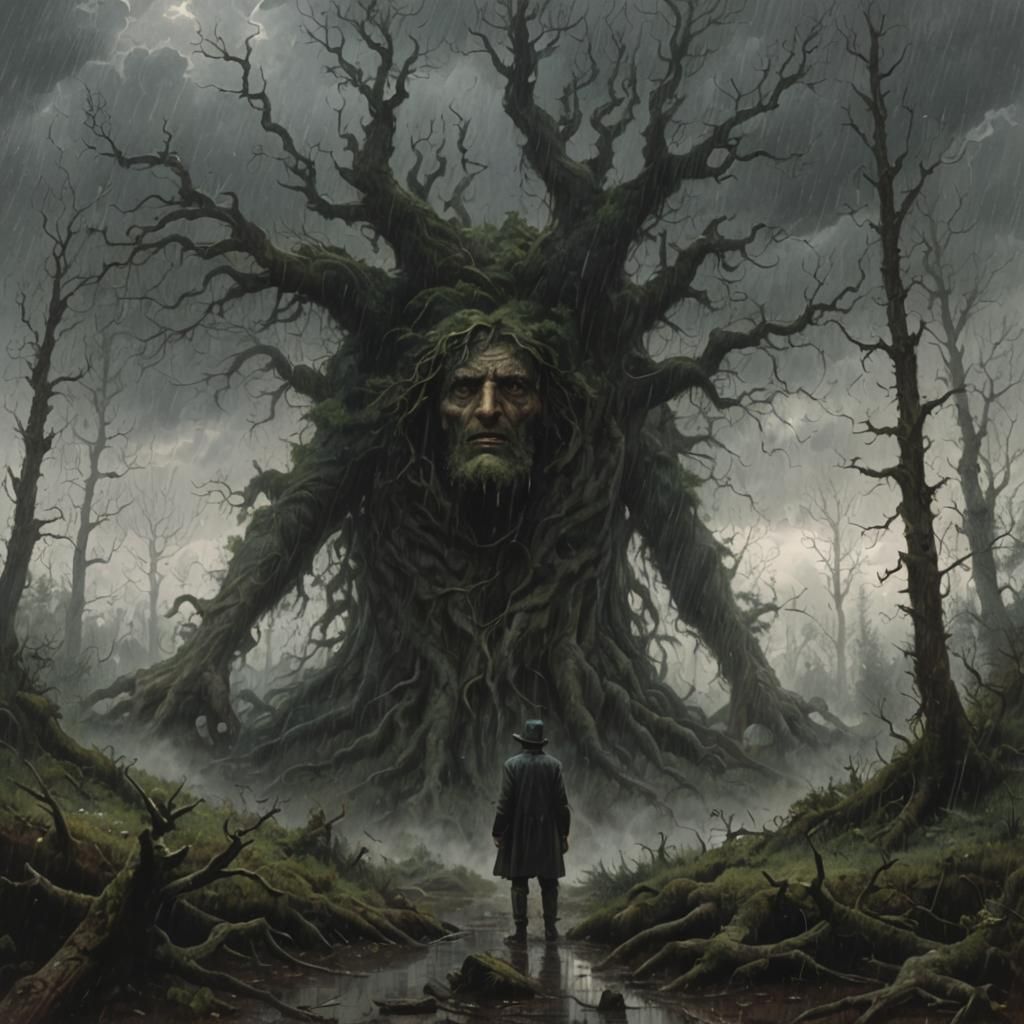 Man in Forest with Weird Tree: Dark Fantasy