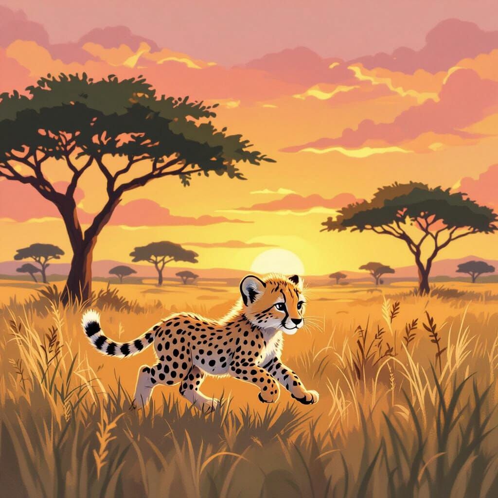 Cute Cheetah Cub Running in Sunset Savanna