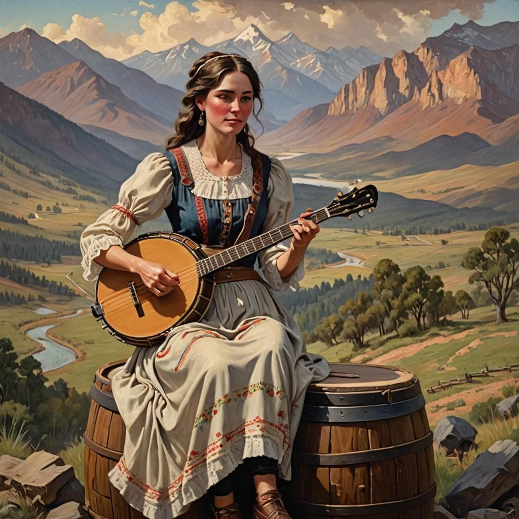 Young Woman Playing Banjo, Oil Painting
