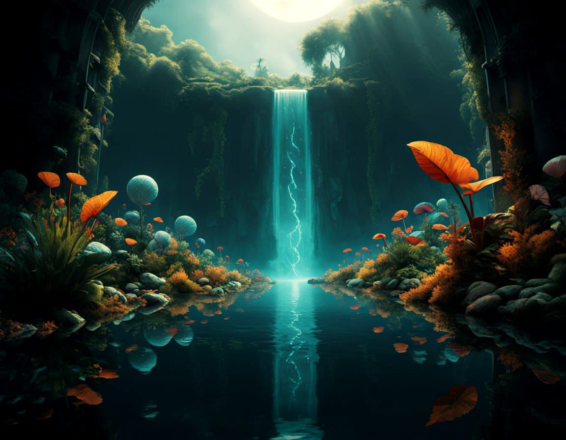 Planeta verdejante com água corrente