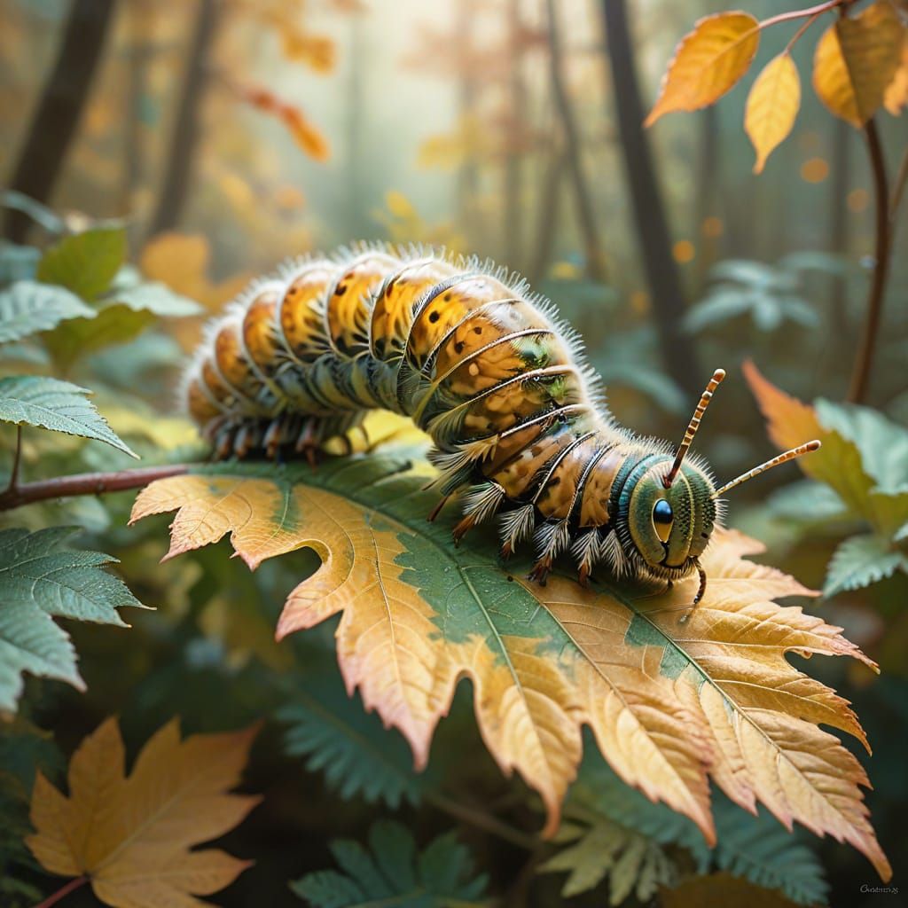 Ethereal Autumn Caterpillar in Whimsical Illustration Style