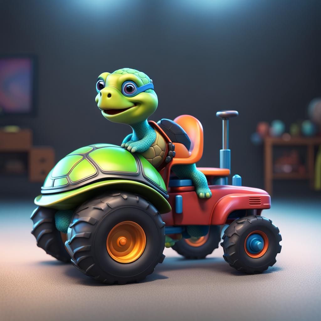 Turtle on Toy Tractor: Pixar-Style 3D Art