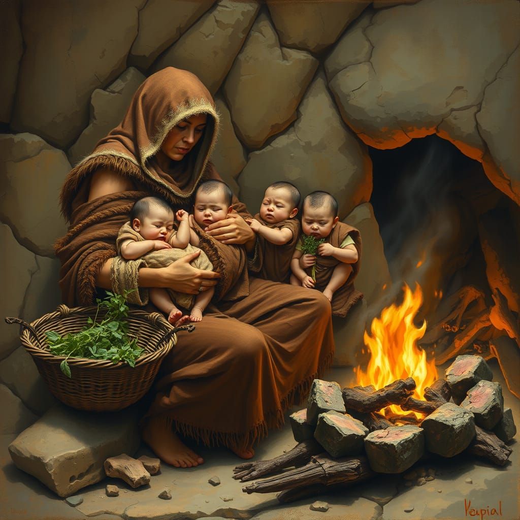 Cavewomen with Babies by Fire