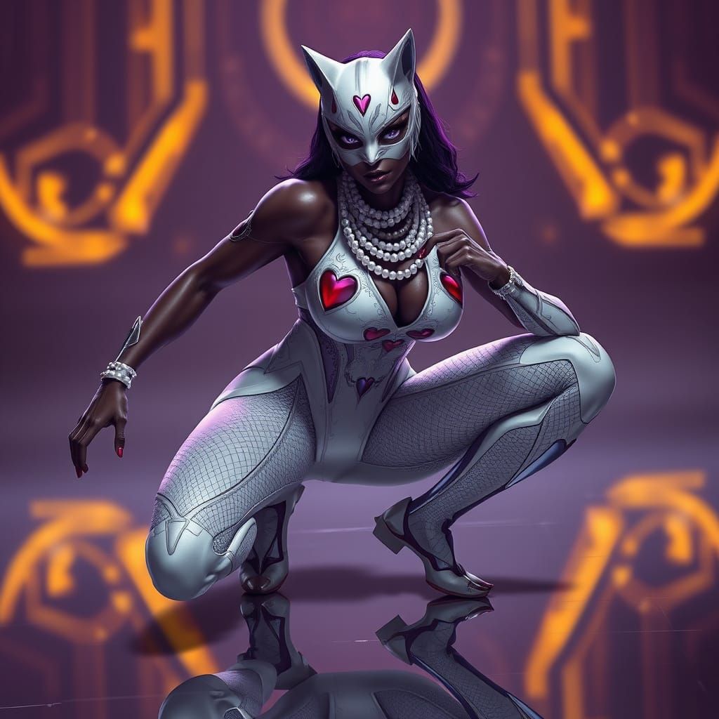 a powerful, graceful dark skin woman in a futuristic, form-f...