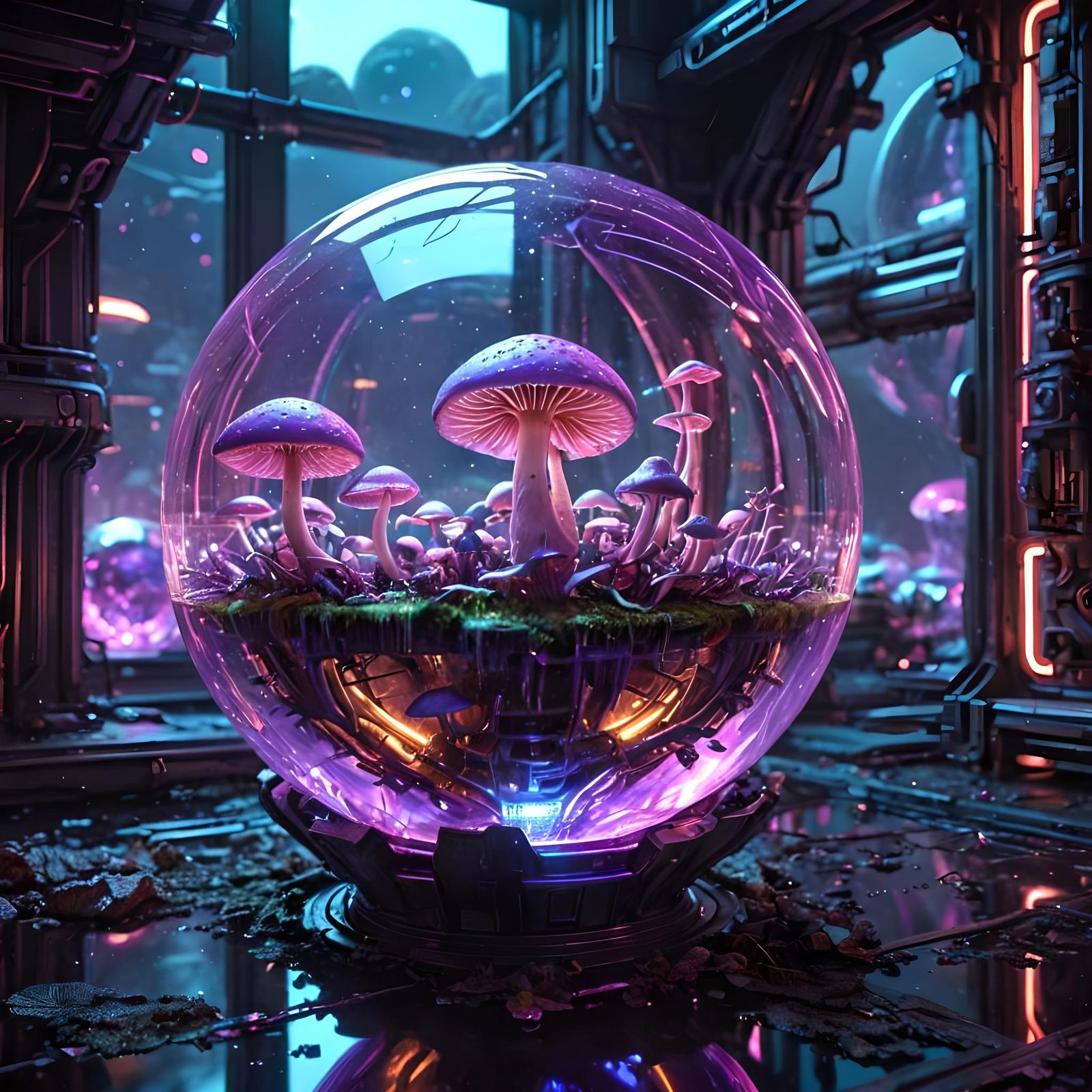 Sci-Fi Orb with Alien Mushroom Civilization
