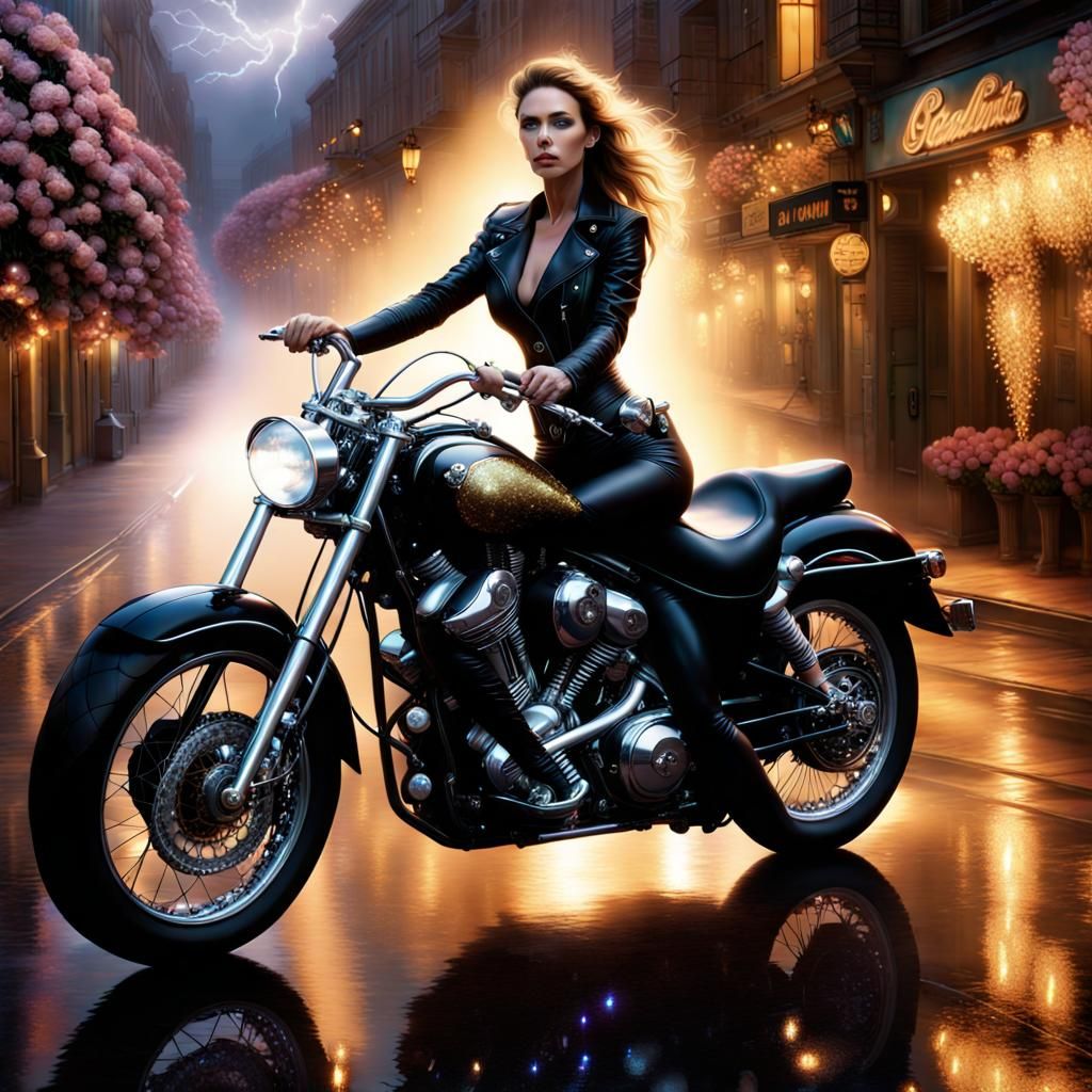 Woman on Motorcycle with Spirit Lights