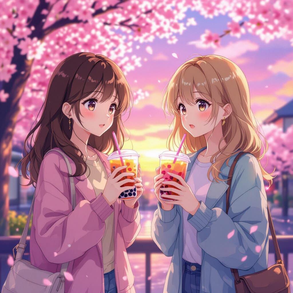 Anime Girls Strolling Under Cherry Blossoms at Sunset