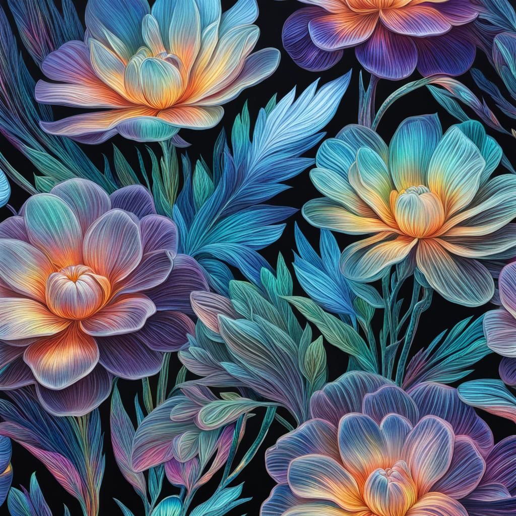Holographic Flowers: Detailed Digital Artwork