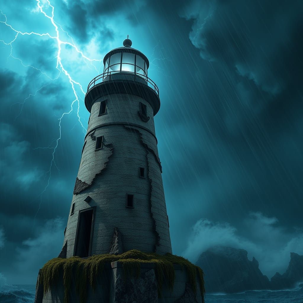Abandoned Lighthouse in Turbulent Stormy Weather