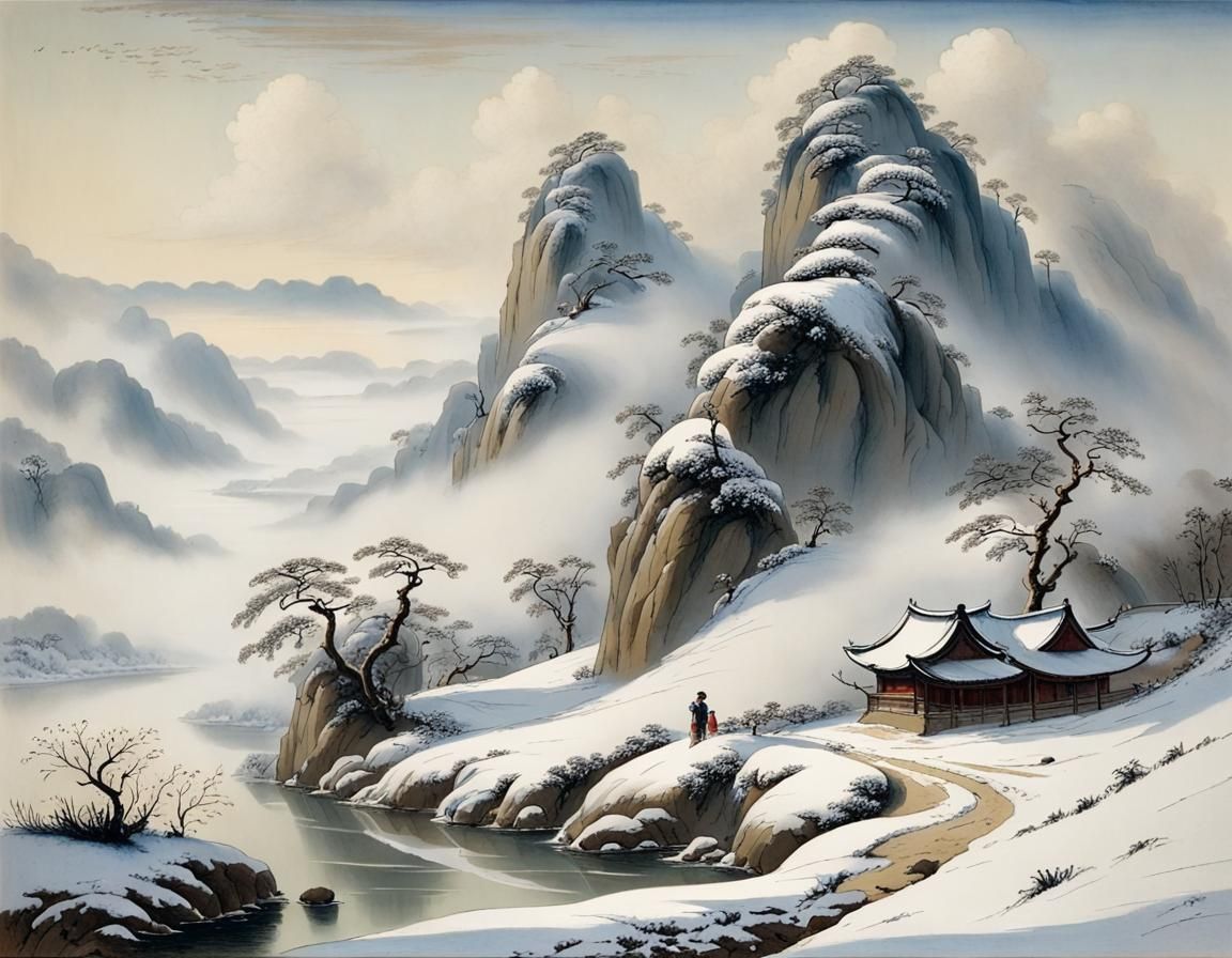 Snowy Hill with River Mist, Dreamlike Illustration