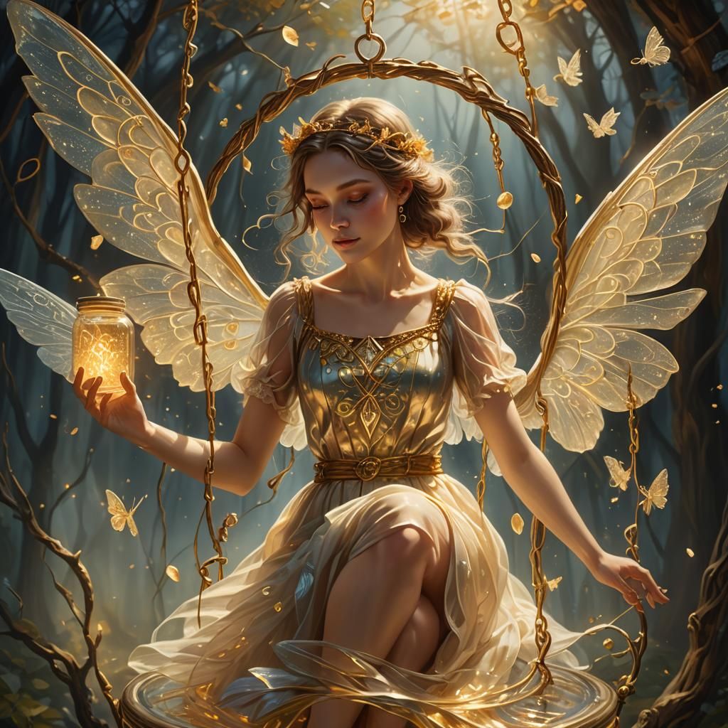 Fairy in Jar on Swing: Surreal Oil Painting