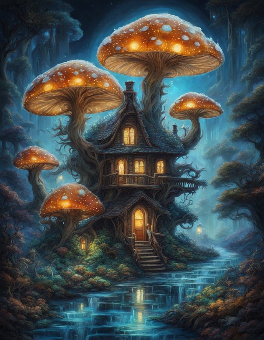 Bioluminescent Mushroom Home with Opalescent Swirls