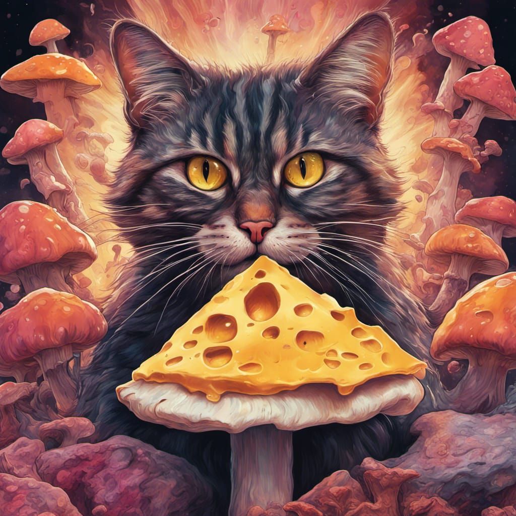 Trippy Cat on Mushroom Eating Cheese