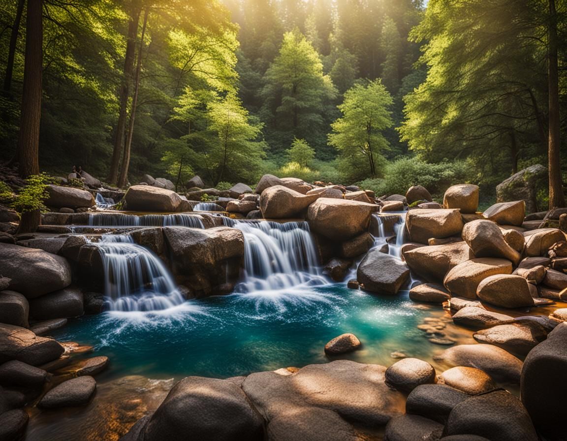 Waterfall Scene with Bathers in Wooded Area