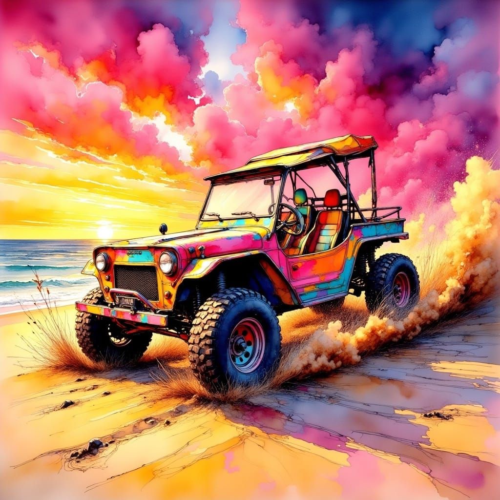 Vibrant Beach Buggy Speeds Across Sunset Shoreline