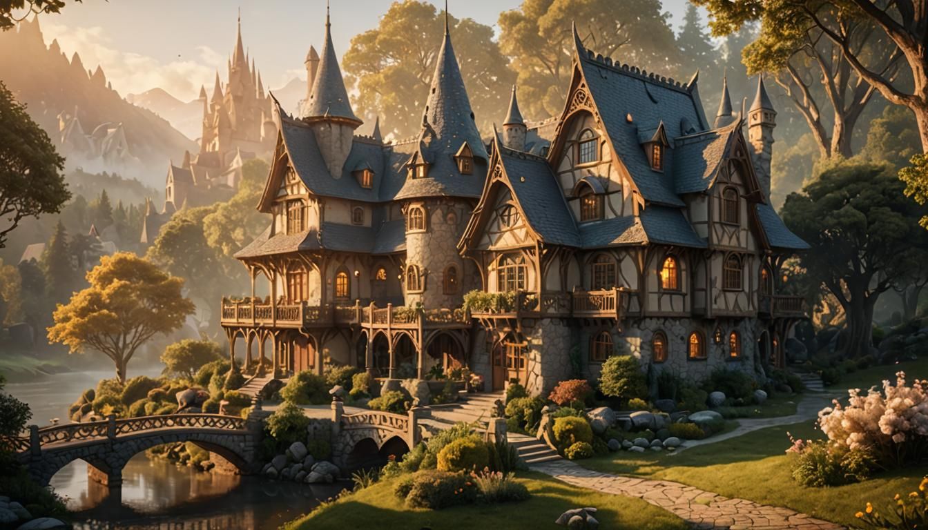 Elven Cottage with Round Towers in Watercolor Style