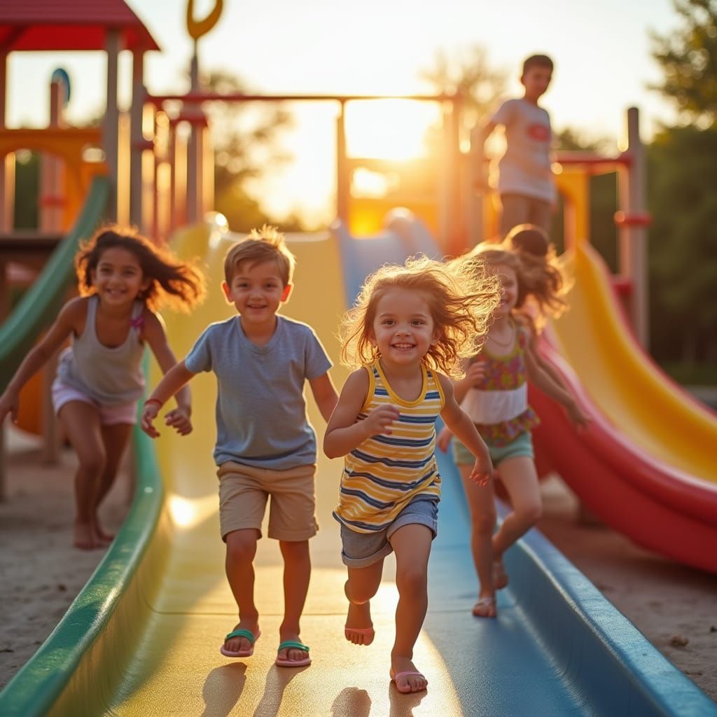 Vibrant Hotel Playground with Kids Playing in Sunlight