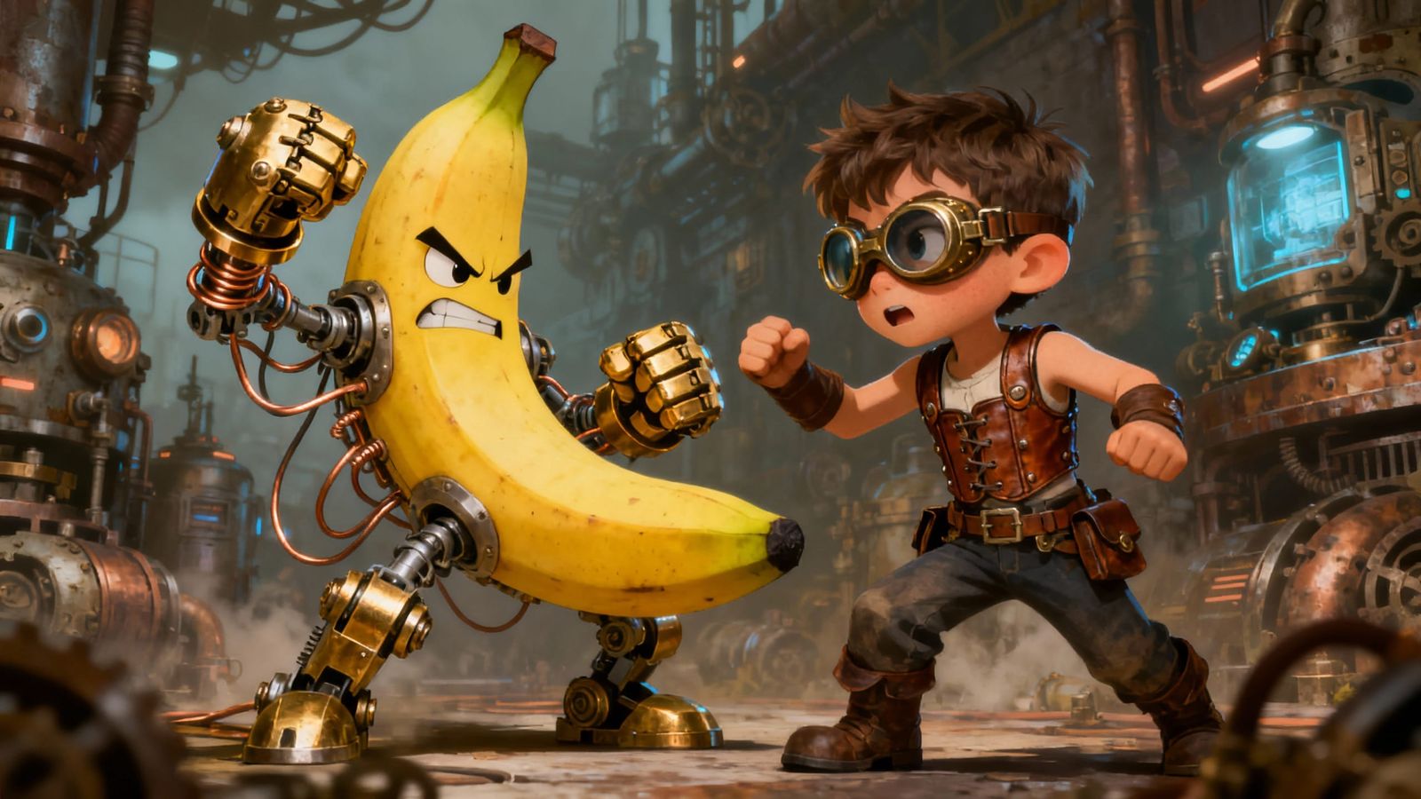 Steampunk Boy Battles Mechanical Banana in Detailed Sci-Fi A...