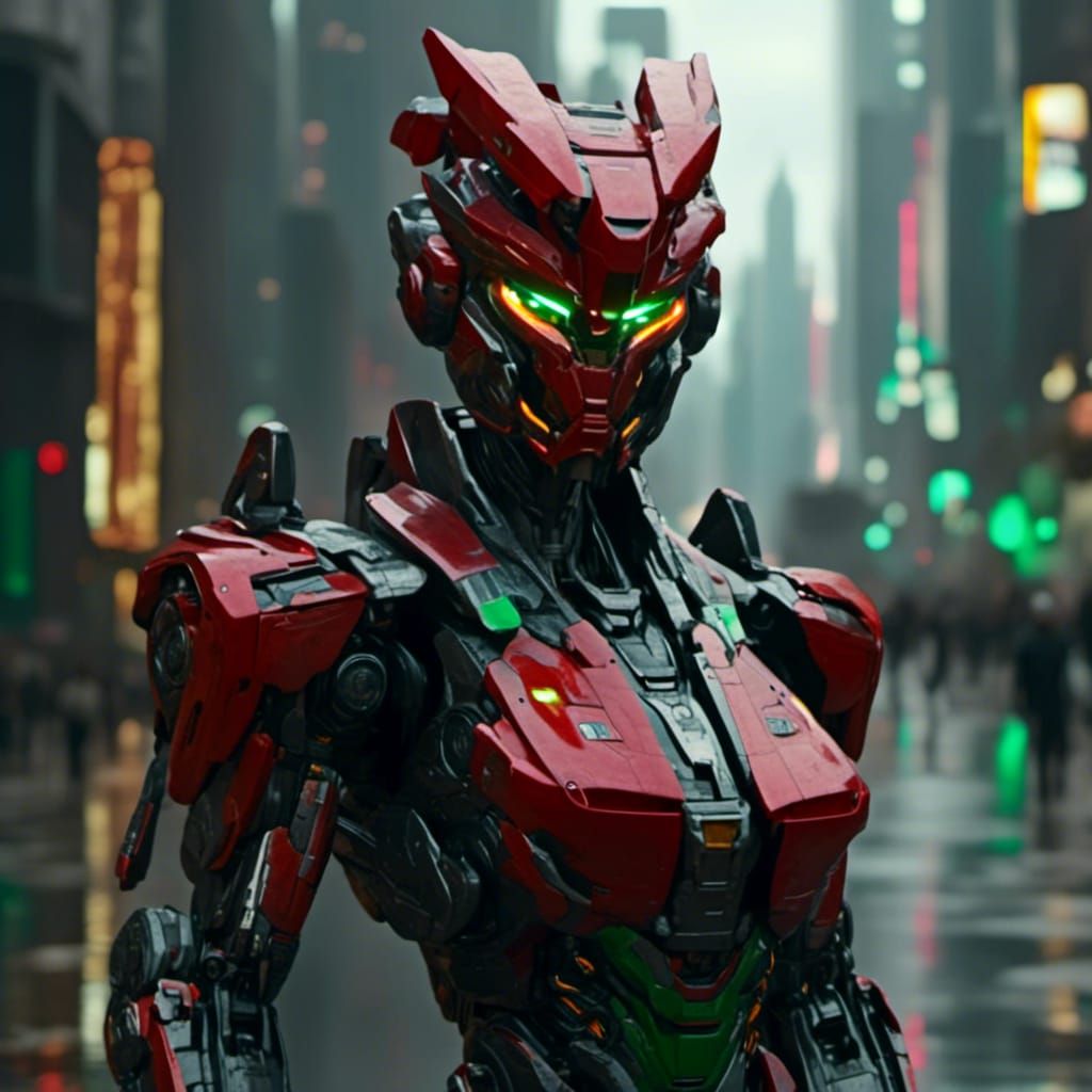 Red and Black Transformer with Green Eyes
