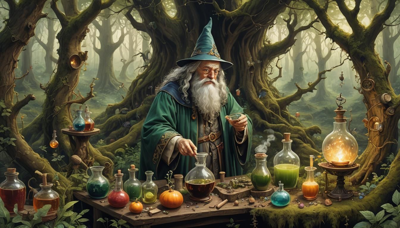 Alchemist Wizard Brewing Potions in Forest Glade
