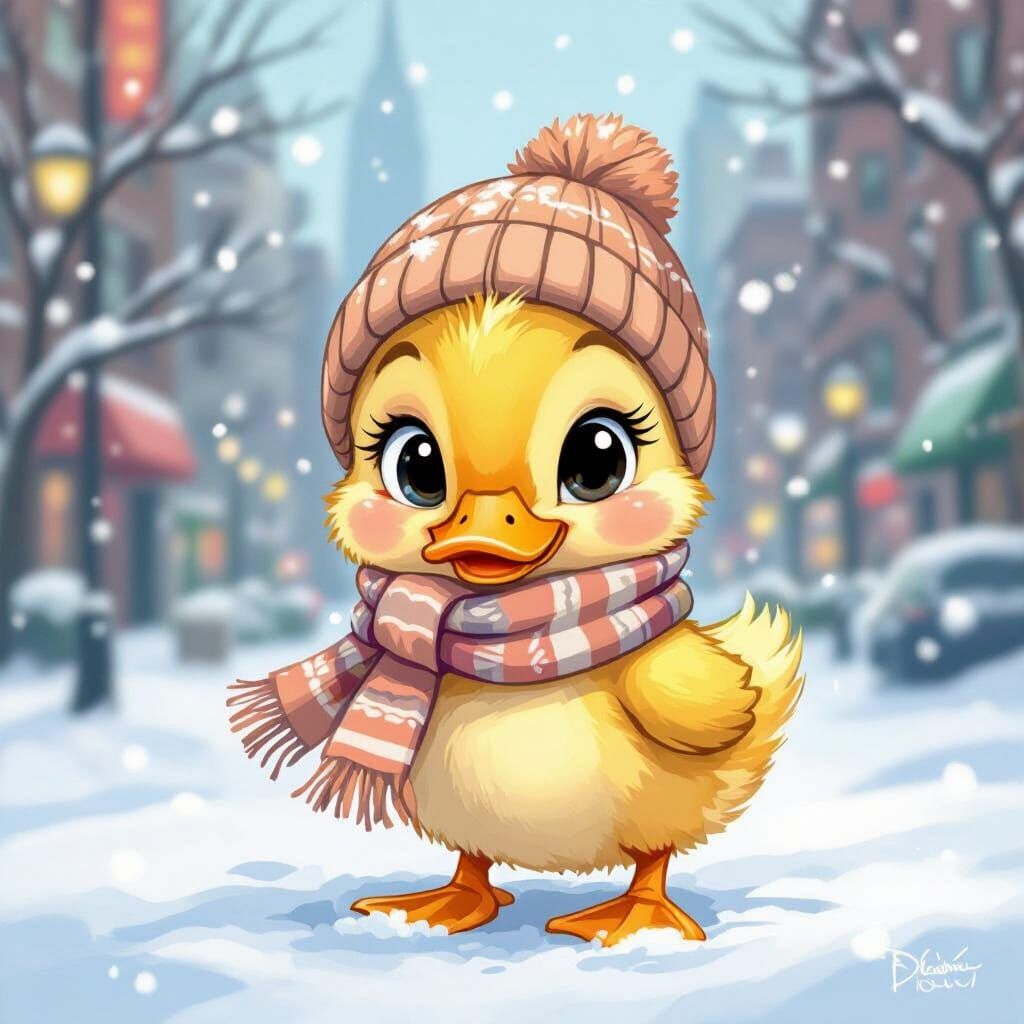 Duckling in Snowy New York: Anime-Style Illustration