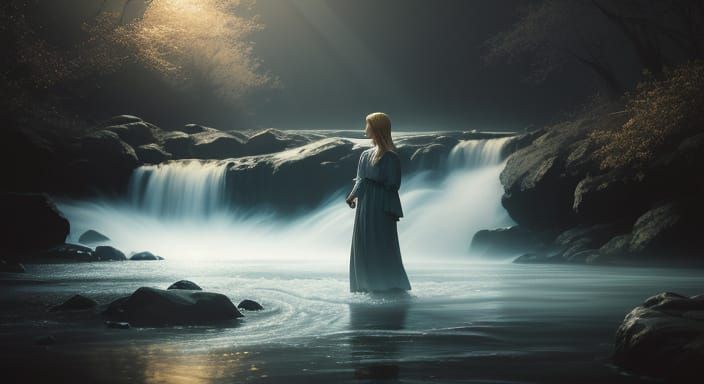 Woman Falling into River: Cinematic Still