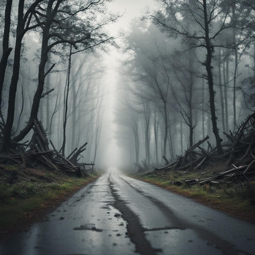 Eerie Road Through Dark Forest Leading to Ruined City