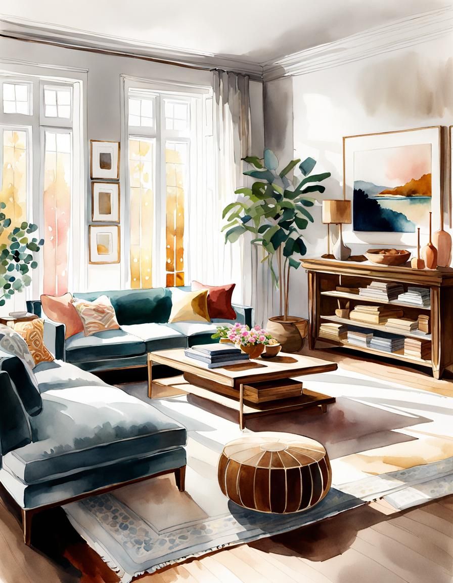 Cozy Hygge Living Room in Watercolor Sketch Style