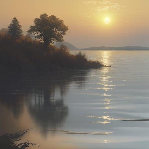 Golden Hour Sunset Over Rippling Water with Lone Tree