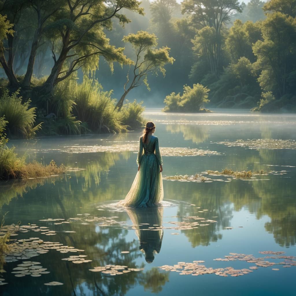 Ethereal Figure Gliding Across Iridescent Lake