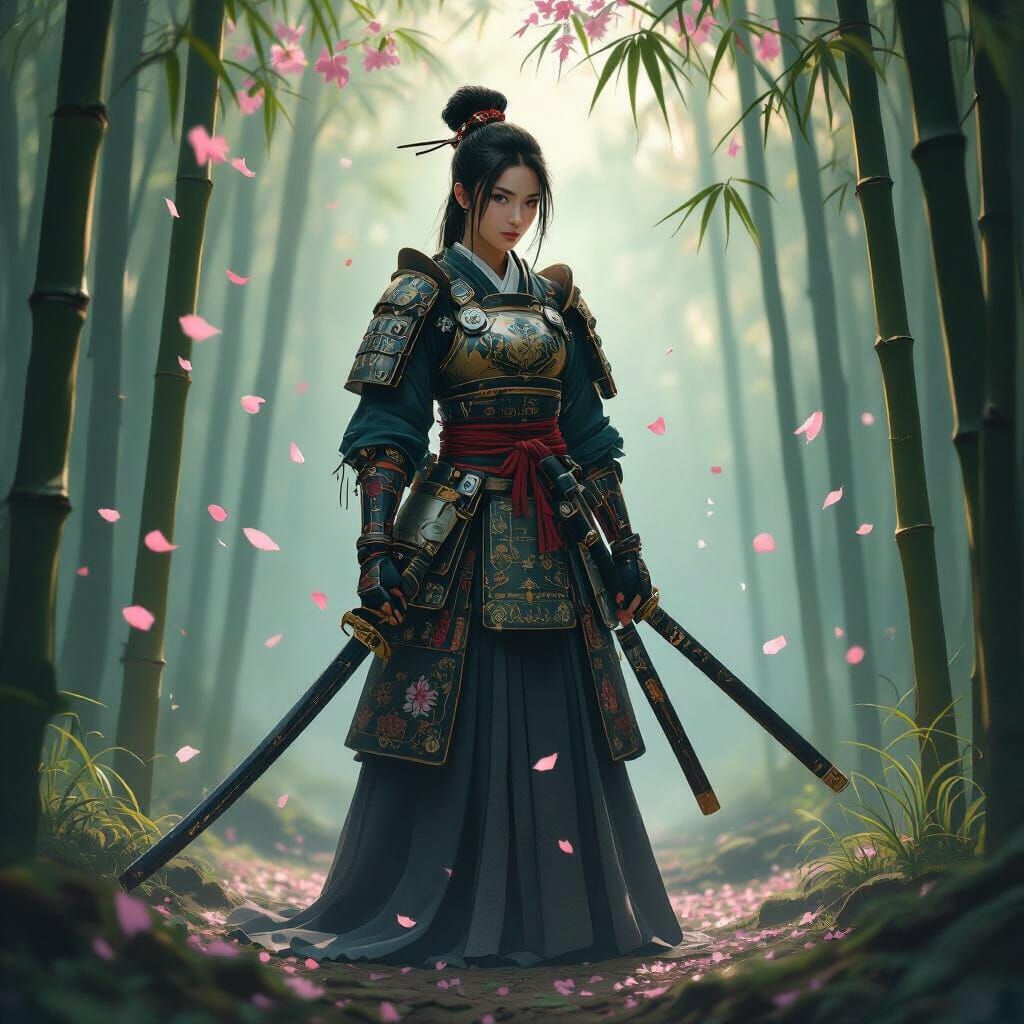 Lone Samurai in Misty Forest, Art Nouveau Style