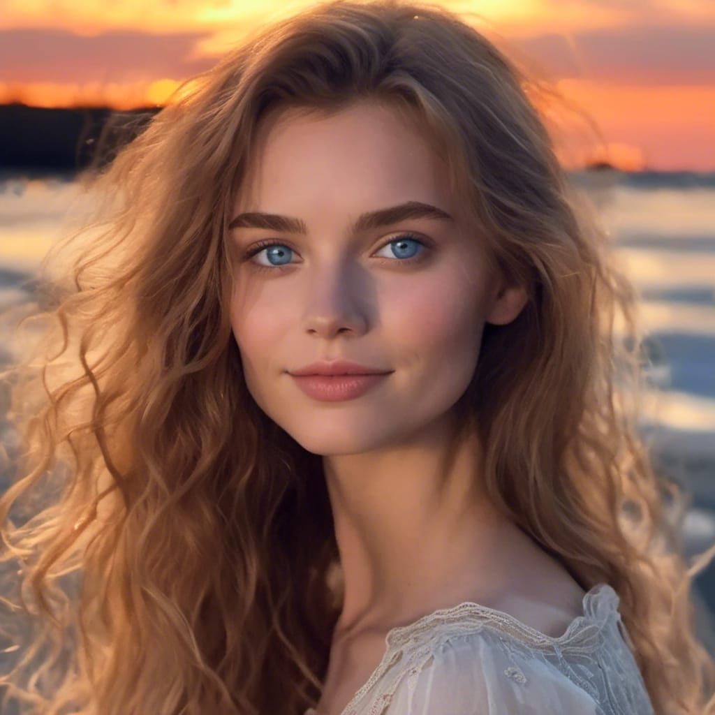 Hyperreal Portrait: Woman with Sunset Backdrop