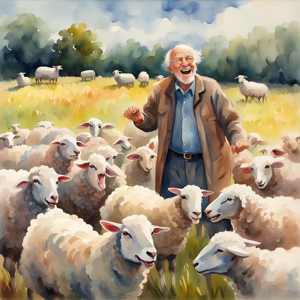 Laughing Man in Sheep Field: Watercolor Gouache Painting