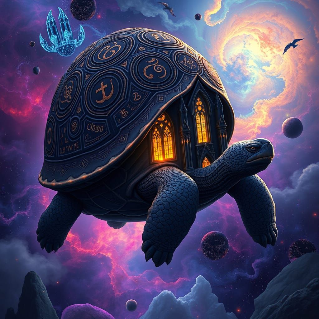 Obsidian Cathedral on Cosmic Tortoise, Dark Fantasy Art
