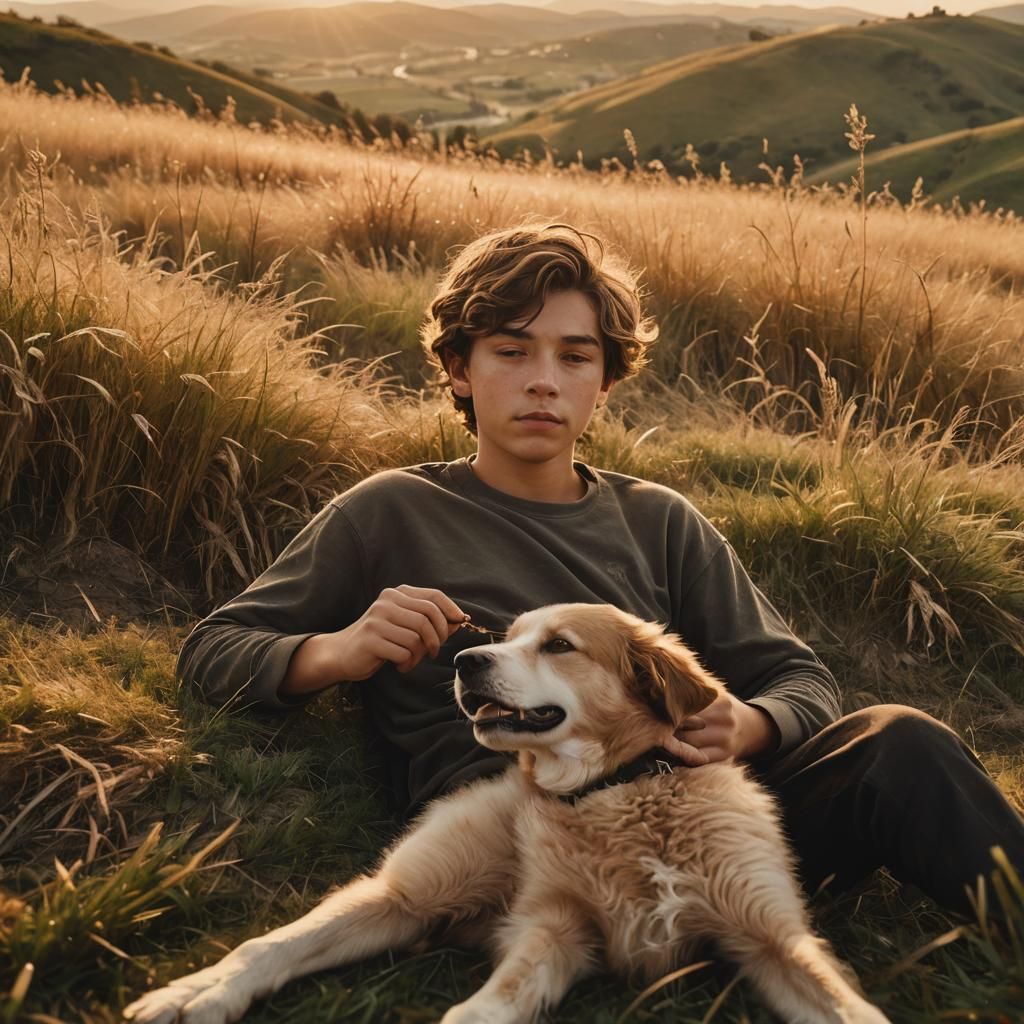 Boy and Dog on Hillside in Golden Light