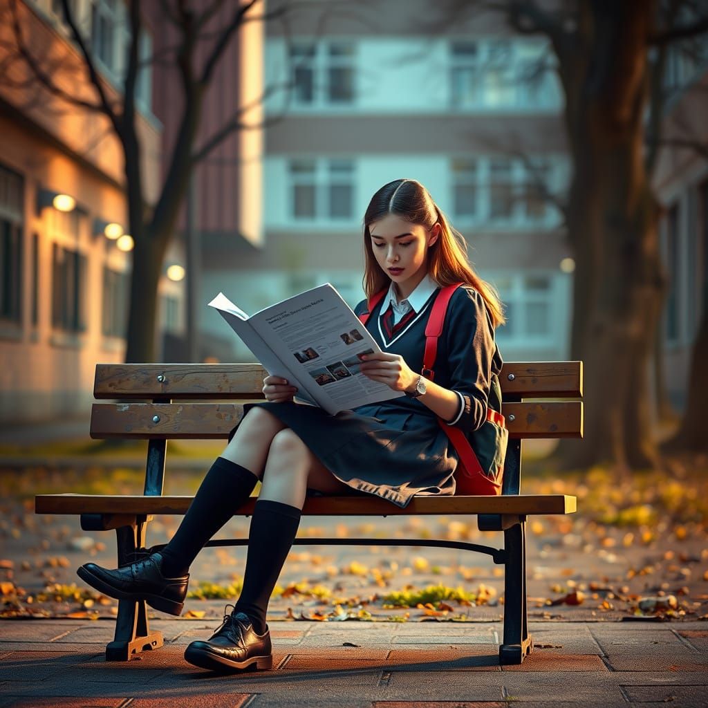 Young Woman Studying in Schoolyard: Digital Matte Painting