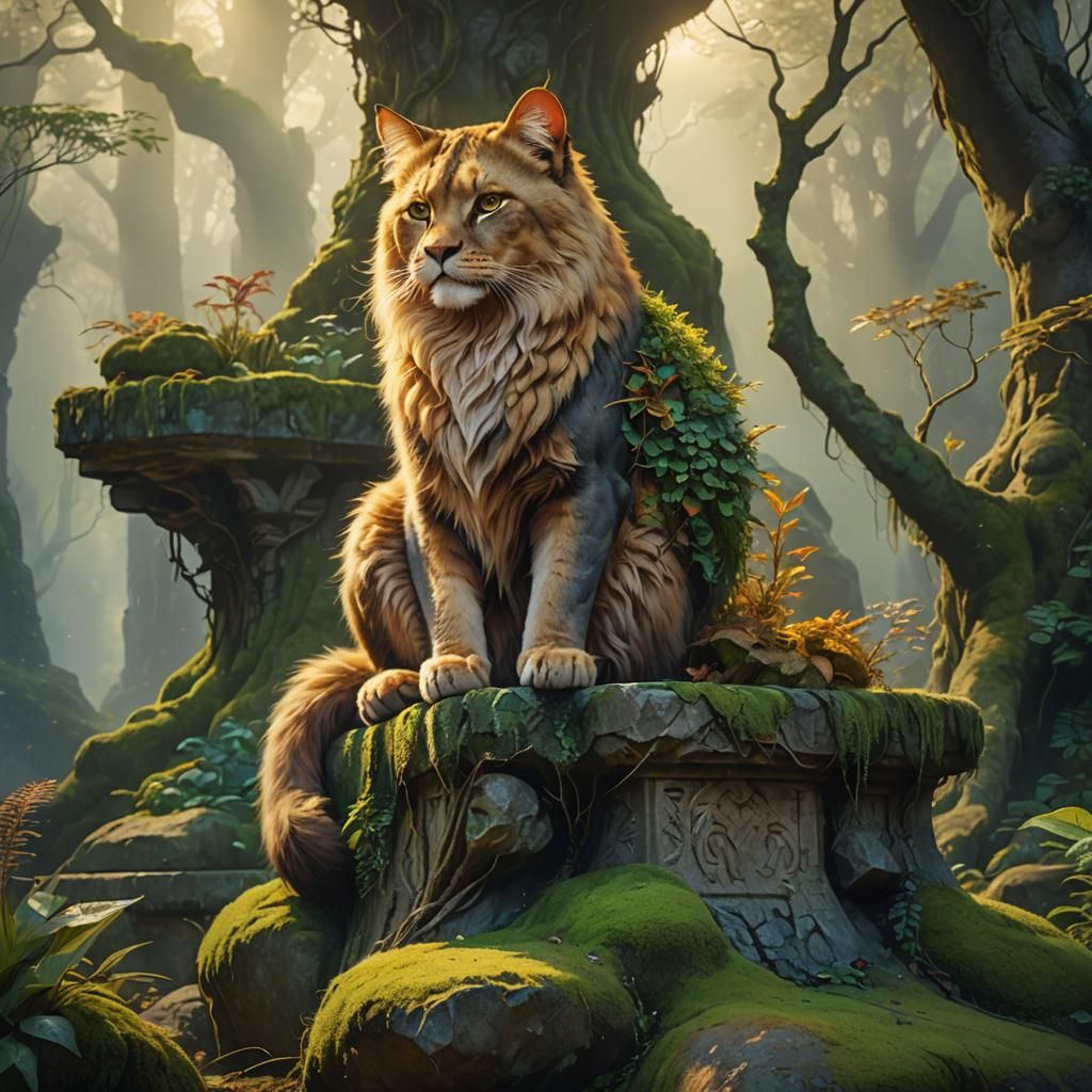 Regal Lionheart Cat in Mystical Forest: Oil Painting