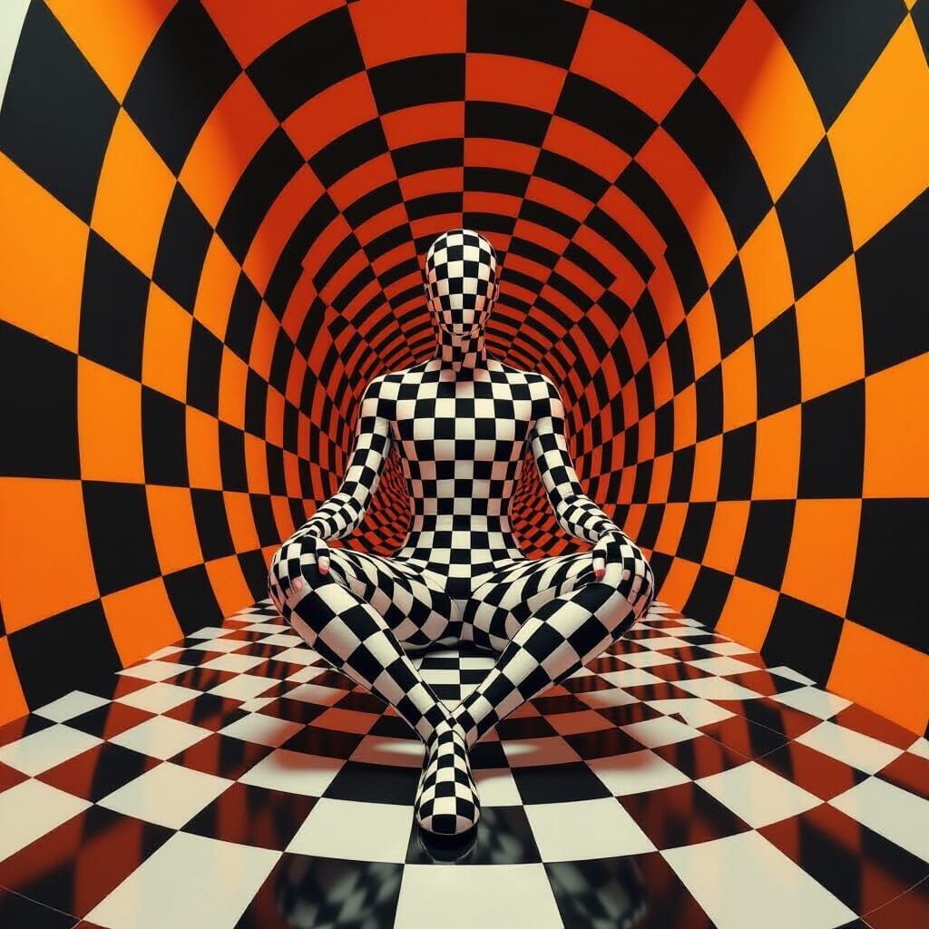 Surreal Checkerboard Figure in Warped Infinite Room